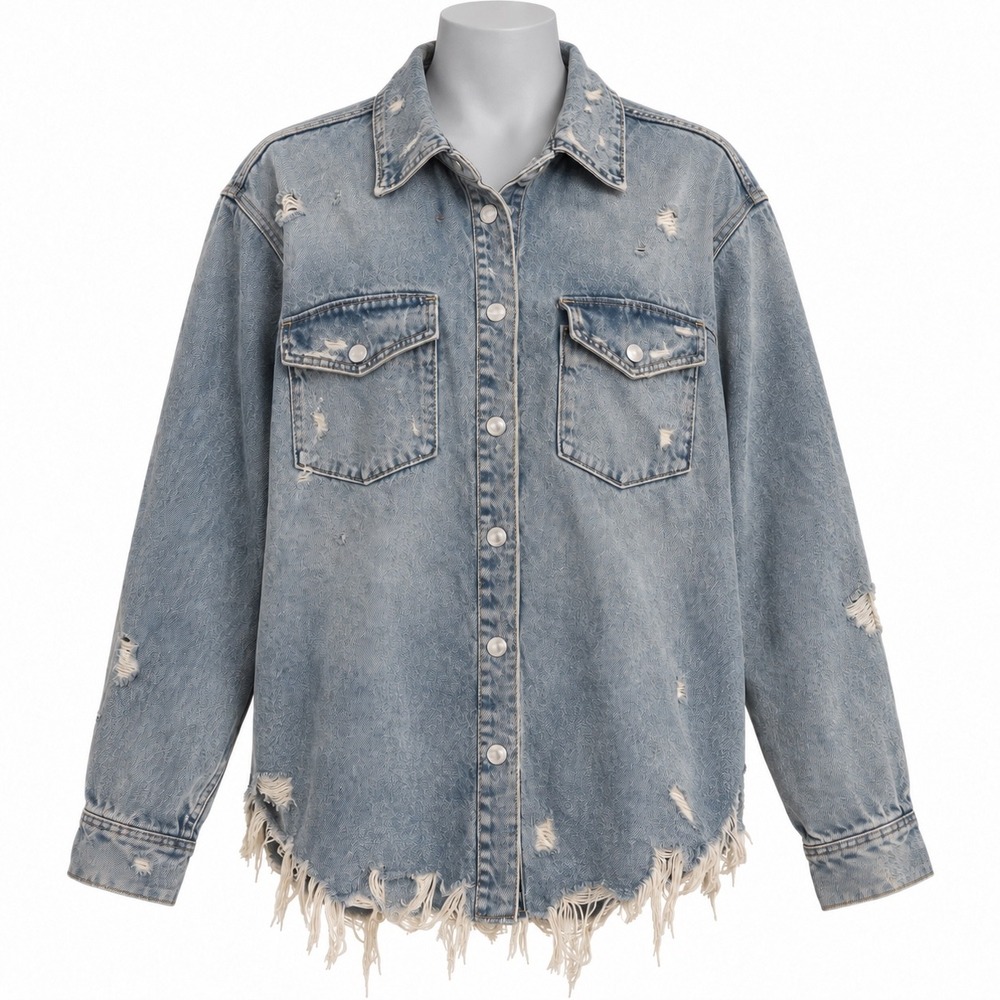 Zara Distressed Frayed Hem Denim Shirt Jacket Light Wash Blue XL Oversized